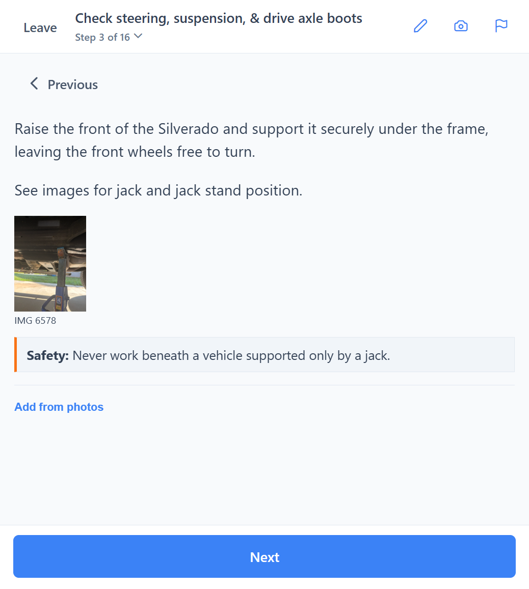 Follow steps on a phone, step 3 of 16 for checking steering and suspension, with a photo of the jack position and a safety warning not to work under a vehicle supported only by a jack.