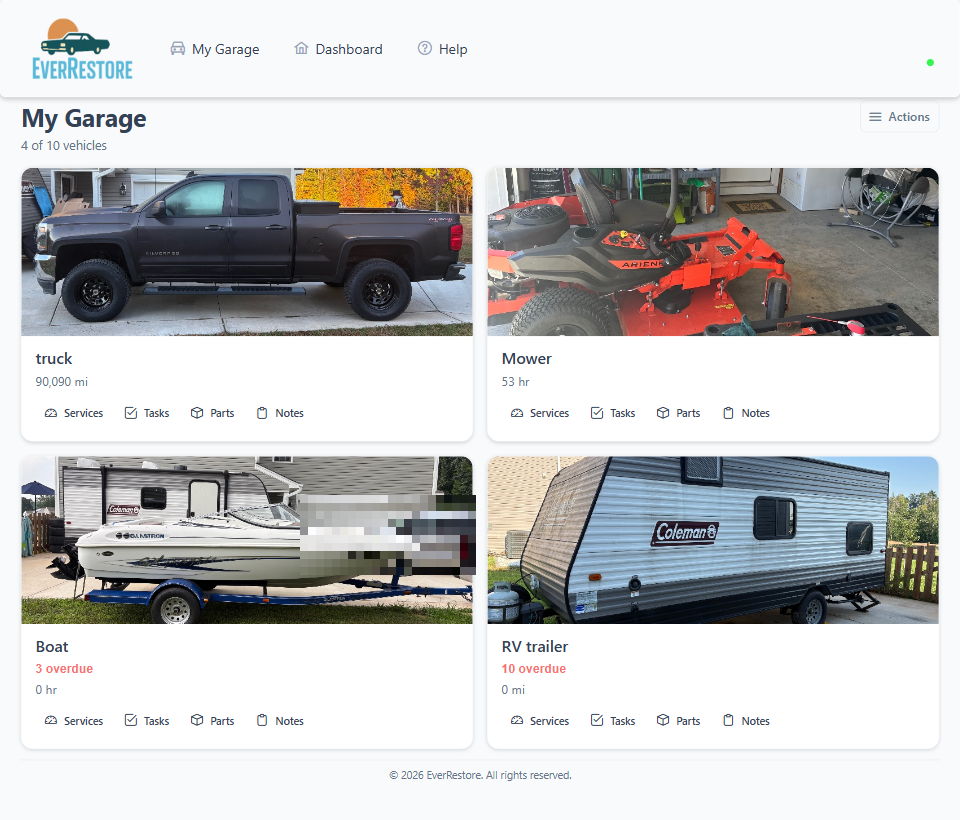My Garage showing a truck at 90,090 miles, a mower at 53 hours, a boat with 3 overdue services, and an RV trailer with 10 overdue services.
